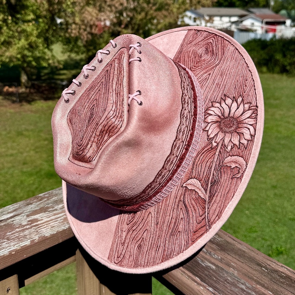 Hand Burned Sunflower Hat with Wood Grain Design, Arrow Suede Fedora